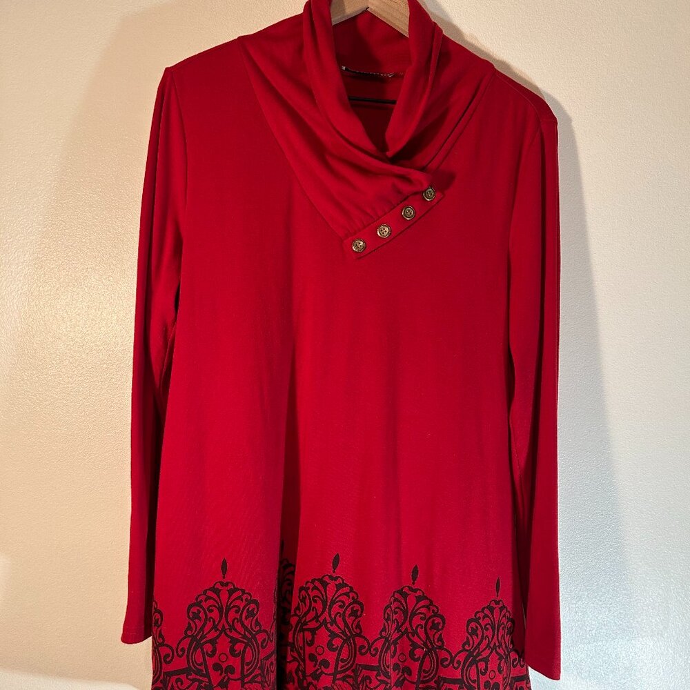 Muisey Red Long Tunic with Shawl Collar and Black Decorative Trim Size L